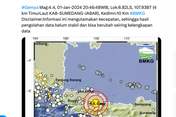 Tangkapan layar unggahan BMK terkait informasi Gempa Sumedang, Senin (1/1/2024). Gempa dilaporkan terasa hingga Bandung. 