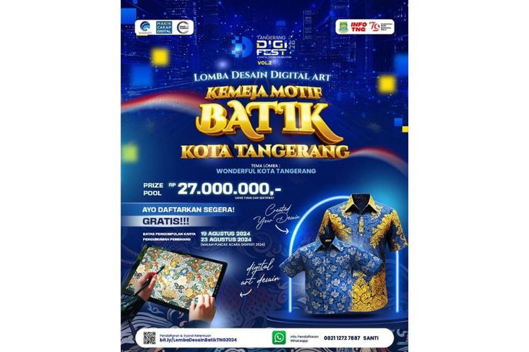 Kepala Bidang Diseminasi Informasi Komunikasi Publik (DIKP) Diskominfo Ian Chavidz Rizqiullah mengatakan, dalam rangka memeriahkan Digifest Vol. 2, Lomba Desain Digital Art Kemeja Motif Batik Kota Tangerang dibuka untuk umum dan gratis.