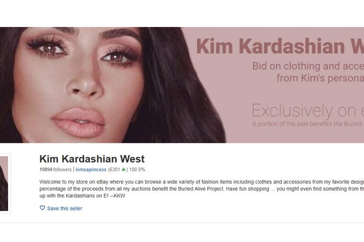 Tampilan pada halaman muka akun eBay milik Kim Kardashian.
