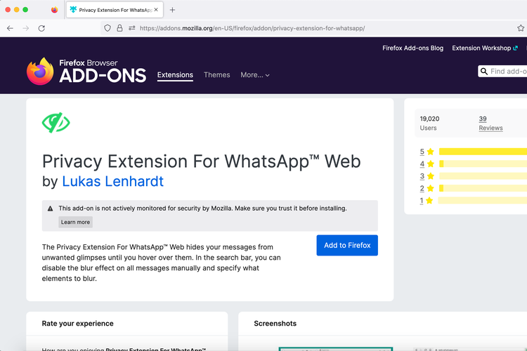 Ilustrasi cara pasang Privacy Extension for WhatsApp Web di Firefox.