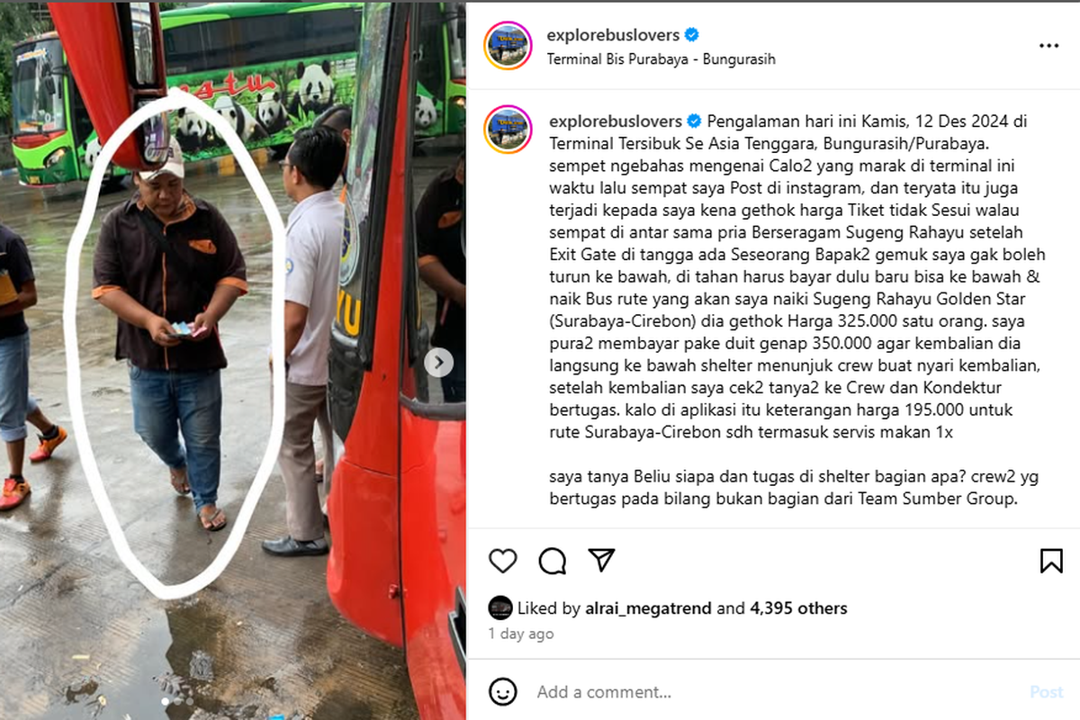 Calo tiket Bus Sugeng Rahayu di Terminal Terminal Bungurasih, Sidoarjo, Jawa Timur.