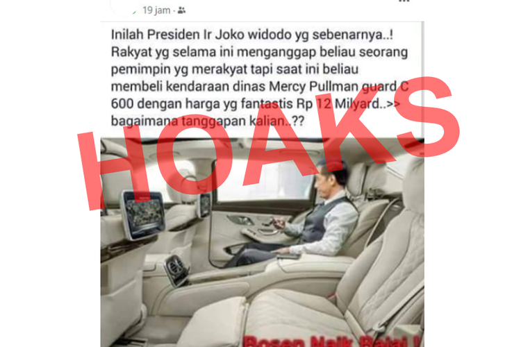 Tangkapan layar unggahan menyebut mobil dinas baru Presiden Joko Widodo (Jokowi) seharga Rp 12 miliar dibeli saat negara sedang mengalami krisis seperti saat ini.