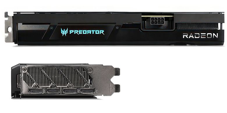 Bagian samping dan slot ekspansi dari kartu grafis Acer Predator BiFrost Radeon RX 7600, masing-masing memperlihatkan konektor PCIe 8-pin tunggal dan celah ventilasi untuk membuang panas ke luar casing.