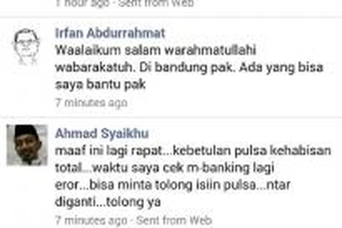 Cuplikan percakapan antara akun yang mengaku sebagai Wakil Wali Kota Bekasi Ahmad Syaikhu dengan salah seorang wartawan Irfan Abdurrahmat melalui Facebook. Dalam percakapan tersebut, akun bernama Ahmad Syaikhu itu meminta sejumlah pulsa kepada Irfan. 