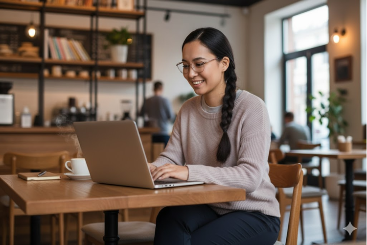 Ilustrasi foto kerja di cafe Gemini AI
