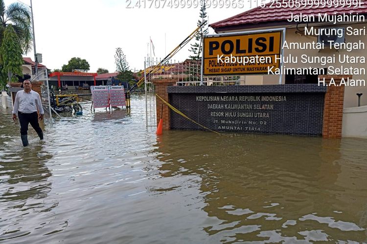 Polres Hulu Sungai Utara (HSU), Kalsel, salah satu lokasi yang tergenang banjir, Selasa (11/2/2020).