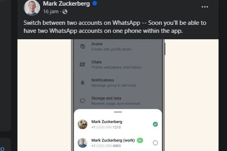 Ilustrasi fitur baru WhatsApp yang bisa digunakan untuk dua akun di satu ponsel dalam aplikasi.