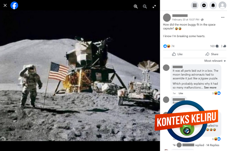 Tangkapan layar unggahan dengan konteks keliru di sebuah akun Facebook, 20 Februari 2024, soal ukuran LRV yang dijadikan bukti rekayasa pendaratan di Bulan.