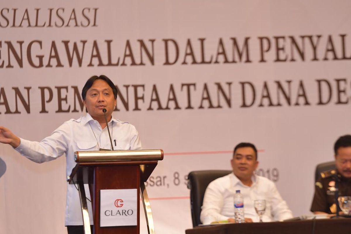 Kepala Biro Humas dan Kerjasama Kementerian Desa, Pembangunan Daerah Tertinggal, dan Transmigrasi Bonivasius Prasetya Ichtiarto memberikan sambutan pada Sosialisasi Pengawalan Penyaluran dan Pemanfaatan Dana Desa di Makassar, Sulawesi Selatan, Selasa (9/4/2019).