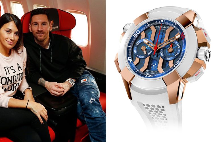 Lionel Messi dengan arloji Edisi Terbatas Jacob & Co Epic X Chrono Messi dalam bahan titanium dan emas rose. 