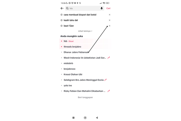 Ilustrasi cara hapus riwayat pencarian manual di TikTok
