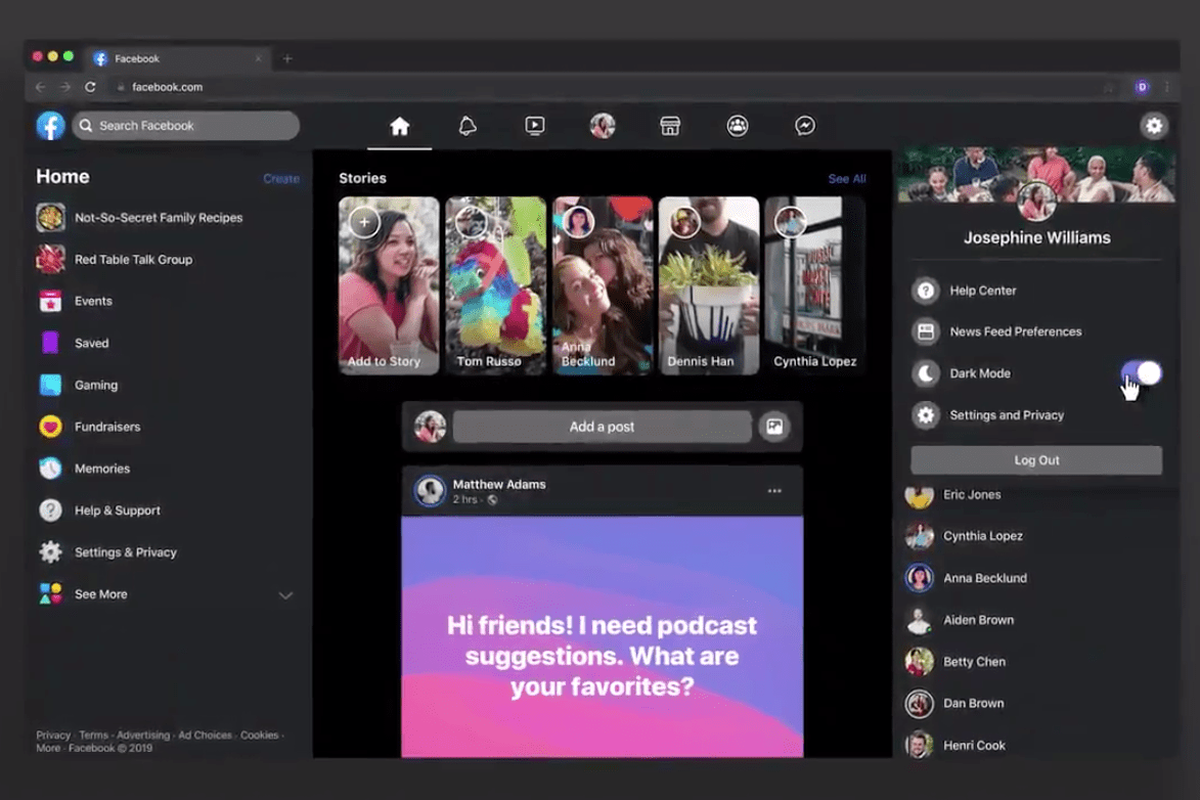 Tampilan Dark Mode Facebook versi web