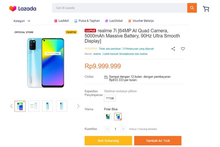 Realme 7i mejeng di situs E-commerce Lazada