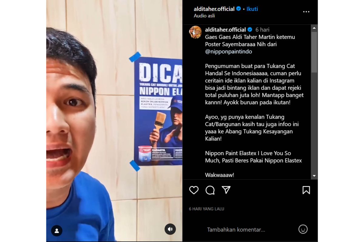 Tangkapan layar unggahan Aldi Taher di Instagram pribadinya, @alditaher.official.