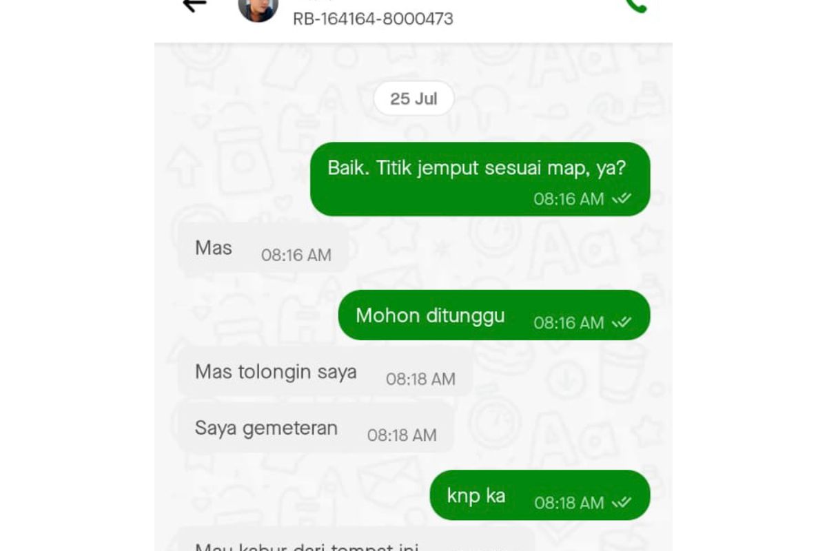 Isi chat pengemudi ojek online Achmad dengan penumpangnya Gira yang meminta tolong untuk diselamatkan dari ruko yang diduga menjadi sarang penipuan pencari kerja di Grand Central Galaxy, Bekasi Selatan. 