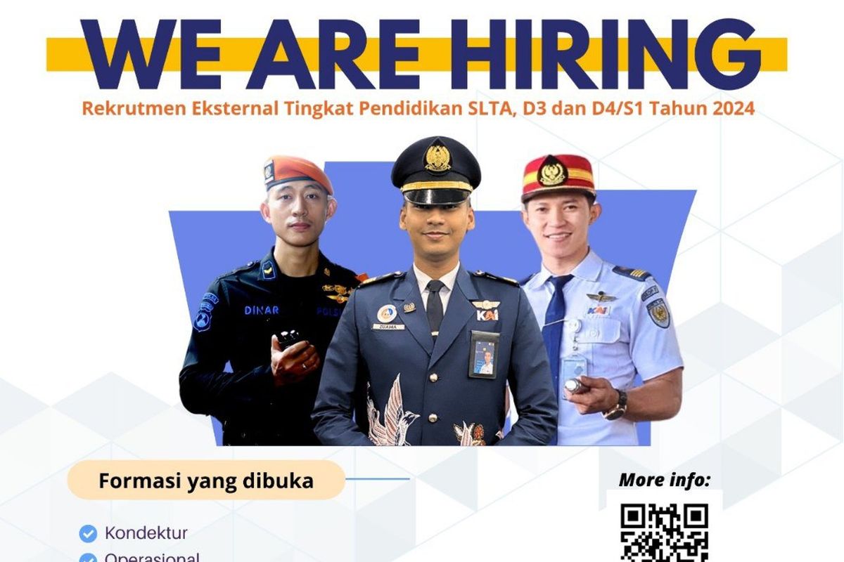 Poster lowongan KAI 2024. KAI membuka lowongan untuk lulusan D-3 sampai S-1.