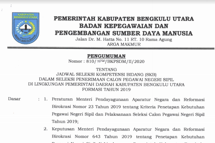 Tangkapan layar pengumuman jadwal seleksi SKB CPNS 2019 Pemkab Bengkulu Utara.