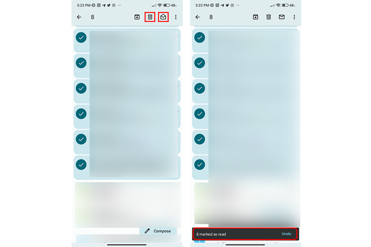 Cara menandai pesan baru menjadi pesan yang sudah dibaca di aplikasi Gmail. Gambar sebelah kanan menunjukkan bahwa pesan sudah ditandai sebagai pesan yang dibaca (Kompas.com/Caroline Saskia Tanoto)