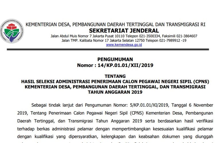 Kementerian Desa Pdtt Umumkan Seleksi Adminstrasi Cpns 2019 9 746 Peserta Lolos Halaman All Kompas Com