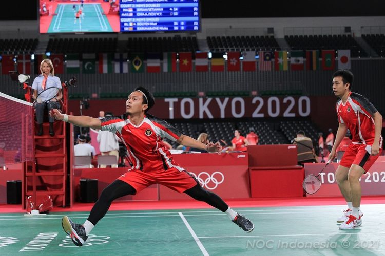 Ganda putra Indonesia Mohammad Ahsan/Hendra Setiawan berlaga pada Olimpiade Tokyo 2020.