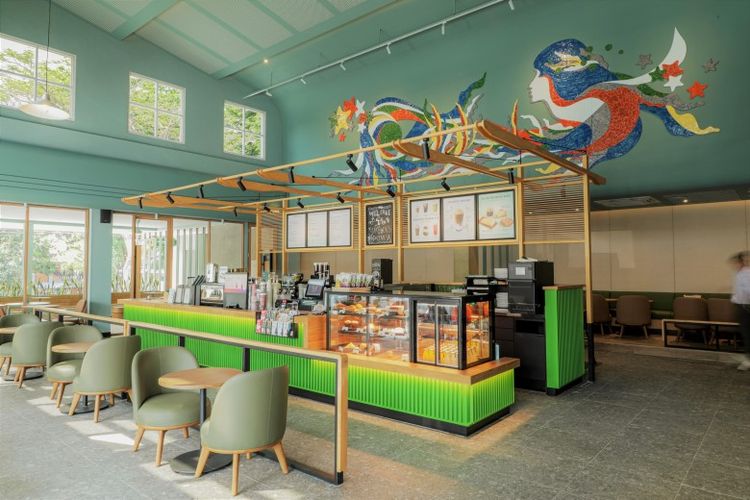 Interior gerai Starbucks Adhyaksa sebagai gerai ramah lingkungan (Greener Store) bersertifikat pertama di Indonesia. 