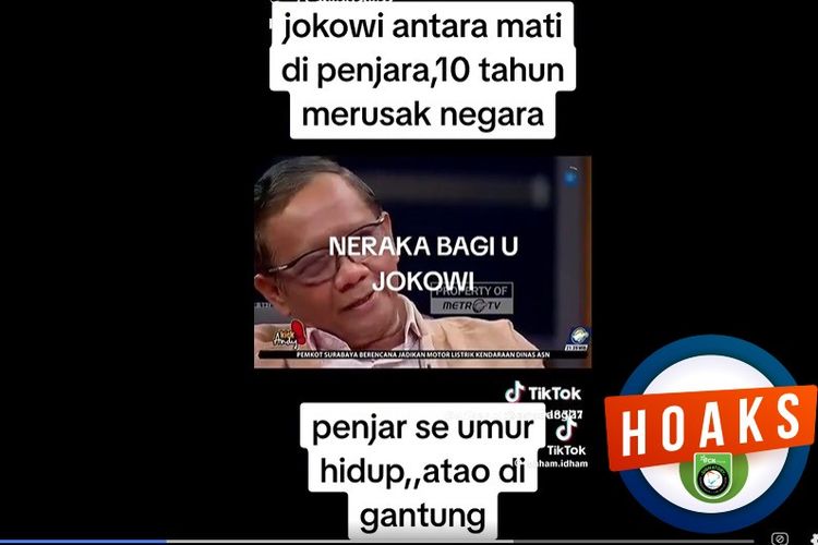 Tangkapan layar Facebook narasi yang menyebut Mahfud MD menyebut Jokowi akan dihukum seumur hidup atau mati di penjara