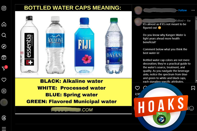 Tangkapan layar konten hoaks di sebuah akun Facebook, 23 April 2024, mengenai warna tutup pada air minum dalam kemasan botol mengidentifikasikan jenis air