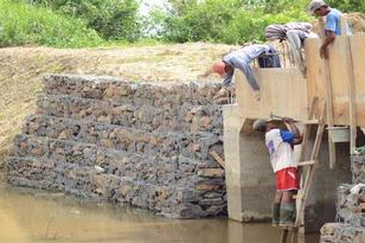 Sejumlah pekerja tengah membangun tanggul pembatas di pinggir kawasan Taman Nasional Way Kambas (TNWK), Provinsi Lampung, Sabtu (8/12/2012). Tanggul pembatas sepanjang 29 kilometer ini berfungsi mencegah gajah-gajah liar melintas ke luar kawasan TNWK yang bisa memicu konflik dengan warga sekitarnya.

