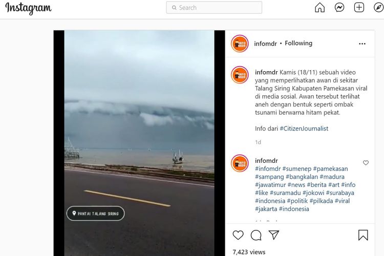 Video yang direkam oleh warga memperlihatkan awan pekat membentang di langit Pamekasan, tepatnya di Pantai Talang Siring, mirip tsunami. Awan tersebut adalah awan arcus atau awan tsunami.