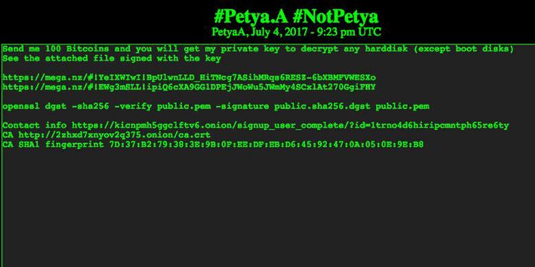 Pesan berisi penawaran kunci enkripsi seharga 100 Bitcoin dari pembuat Petya. 