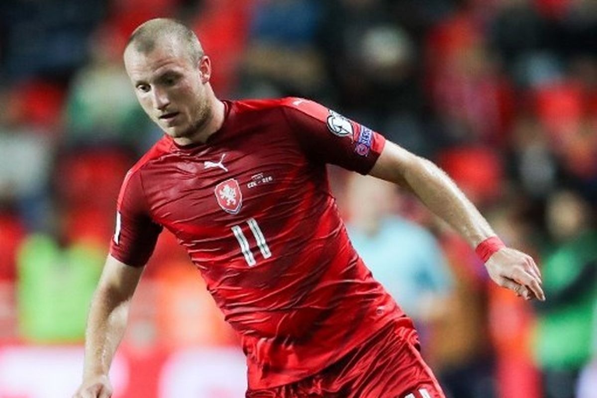 Striker anyar Persija Jakarta, Michael Krmencik, ketika membela timnas Rep. Ceko pada laga Kualifikasi Piala Dunia 2018 Zona Eropa kontra Jerman. Michael Krmencik diresmikan Persija Jakarta sebagai pemain baru pada Rabu (22/6/2022) malam WIB.