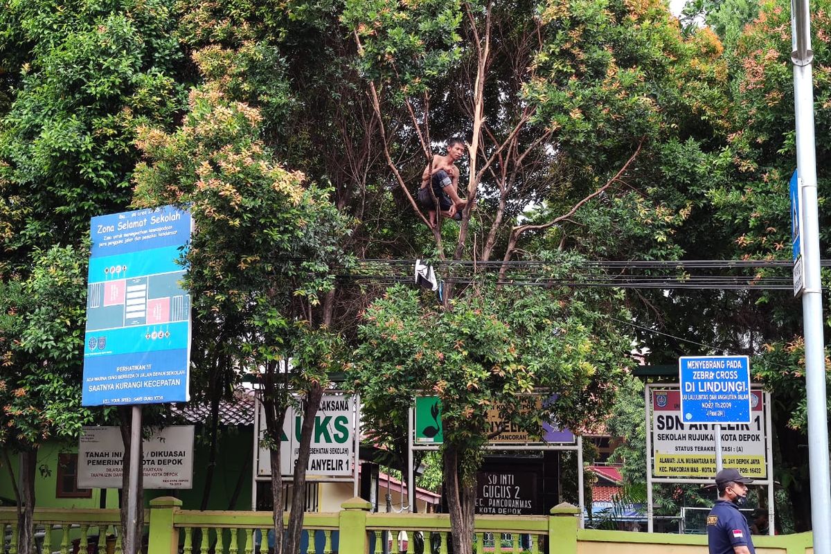 Seorang pria tanpa identitas di Depok, Jawa Barat menyita perhatian warga karena tiba-tiba memanjat pohon sambil berteriak-teriak di depan SD Anyelir 1, Jalan Nusantara Raya, Pancoran Mas, Selasa (27/10/2020) petang.