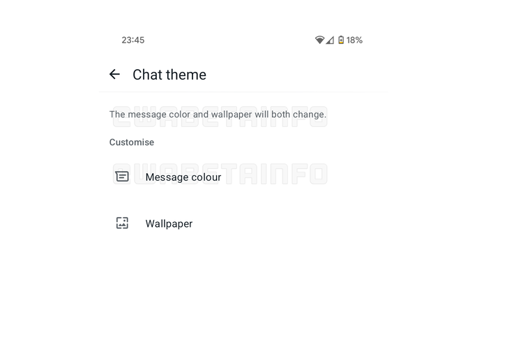 Tampilan menu Chat theme di WhatsApp, yang berguna untuk mengubah tema ruang obrolan alias chat dan warna gelembung pesan.