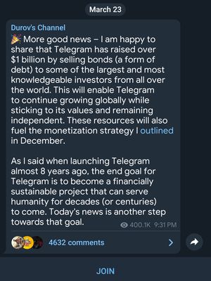 Pengumuman Durov di channel resmi Telegram miliknya.