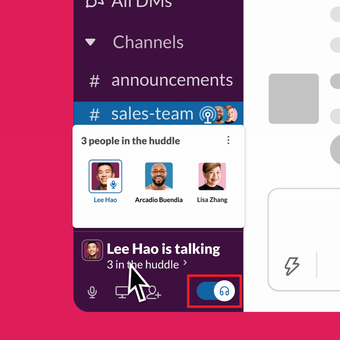 Fitur voice chat Huddles di Slack.