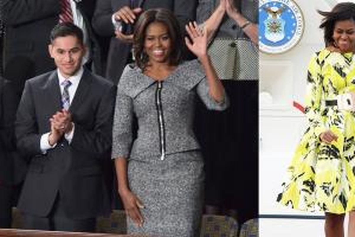 Michelle Obama mengenakan gaun kuning cerah kreasi Kenzo (kanan) dan stelah bahan tweed karya Michael Kors (kiri)