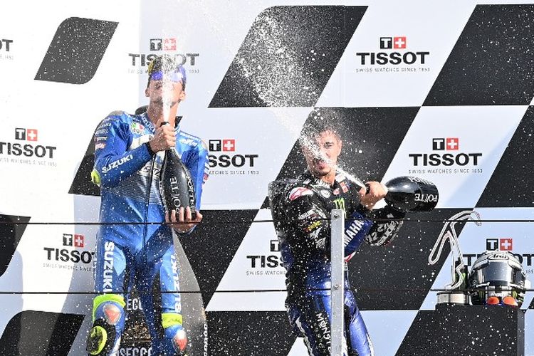 Dari kiri ke kanan, Joan Mir, Maverick Vinales, dan Pol Espargaro di podium MotoGP Emilia Romagna 2020.