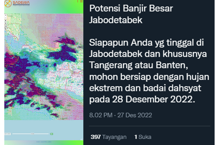 Tangkapan layar twit yang menyebutkan akan terjadinya badai dahsyat di Jabodetabek pada hari ini 28 Desember 2022.