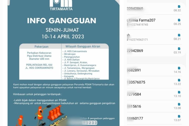 Tangkapan layar flyer IG PDAM Tirtamarta, Kota Yogyakarta yang mencantumkan nomor Rosvitarini warga Kota Tegal, dan nomor asing yang masuk ke nomor warga Tegal.