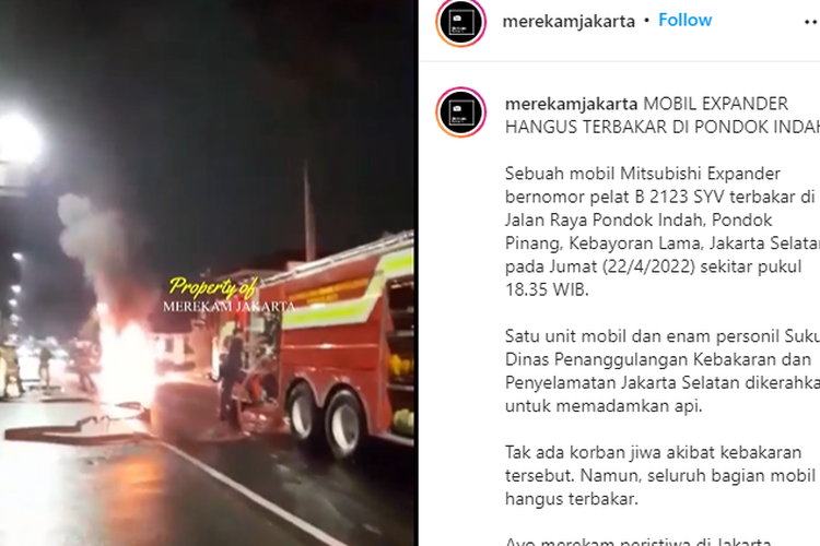 Tangkapan layar mobil Mitsubishi Xpander yang terbakar di Pondok Indah, Jumat (22/4/2022)