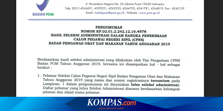 Seleksi Administrasi Cpns 2019 Di Bpom Diumumkan Ini Informasinya Halaman All Kompas Com