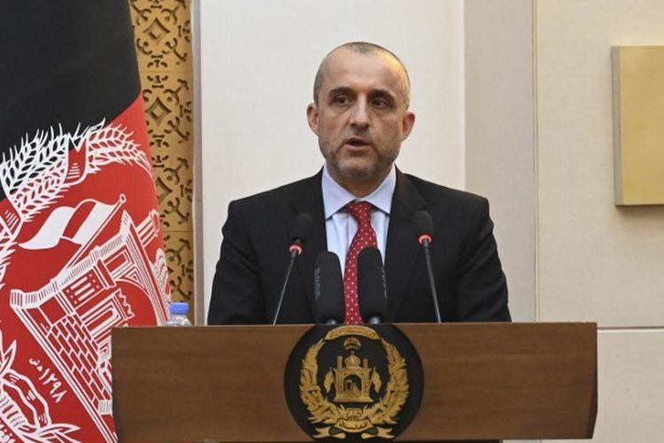 Wakil Presiden Afghanistan Amrullah Saleh berbicara selama acara di istana kepresidenan Afghanistan di Kabul pada 4 Agustus 2021.