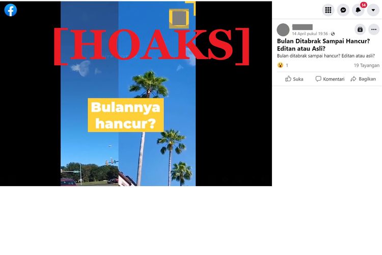 Tangkapan layar unggahan hoaks di sebuah akun Facebook, tentang video benda asing menabrak Bulan.