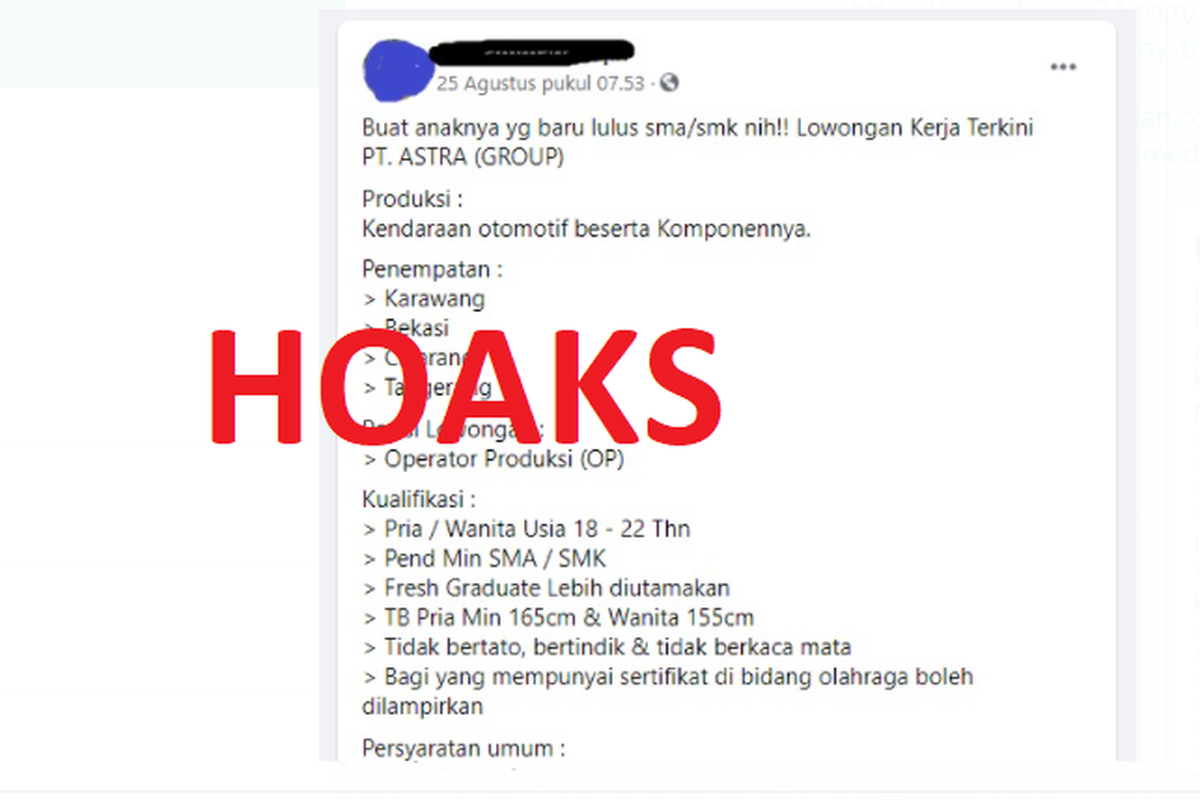 Tangkapan layar hoaks lowongan pekerjaan dari PT Astra.