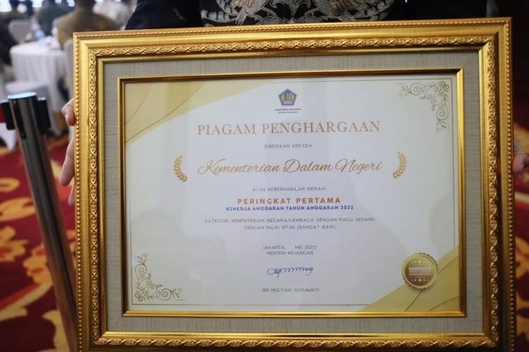 Kemendagri raih peringkat pertama Kinerja Anggaran Tahun 2022 kategori pagu sedang dari Kementerian Keuangan (Kemenkeu), pada Rabu (17/5/2023).