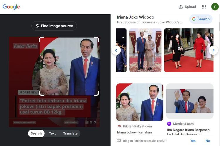 Tangkapan layar pencarian gambar di Google Lens, menampilkan foto Iriana saat menerima kunjungan negara sahabat 20 Oktober 2019.