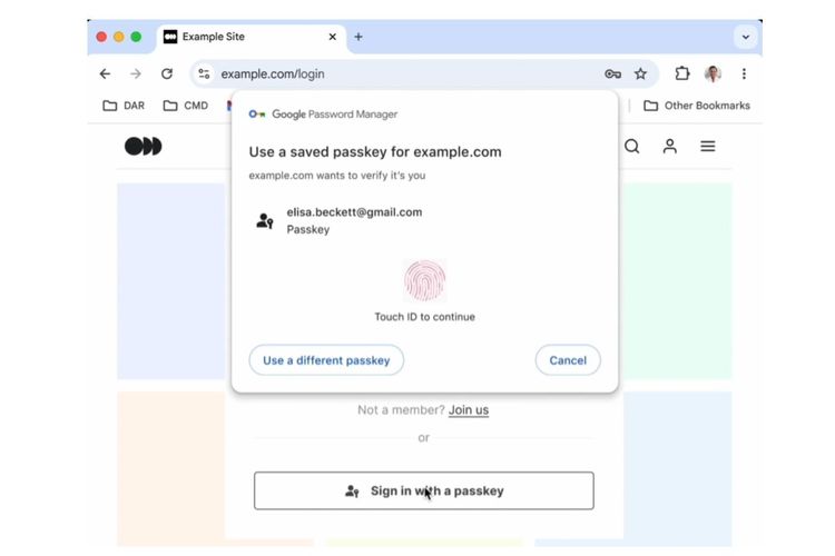 Ilustrasi passkey yang sudah tersimpan di Google Password Manager dan dipakai di macOS