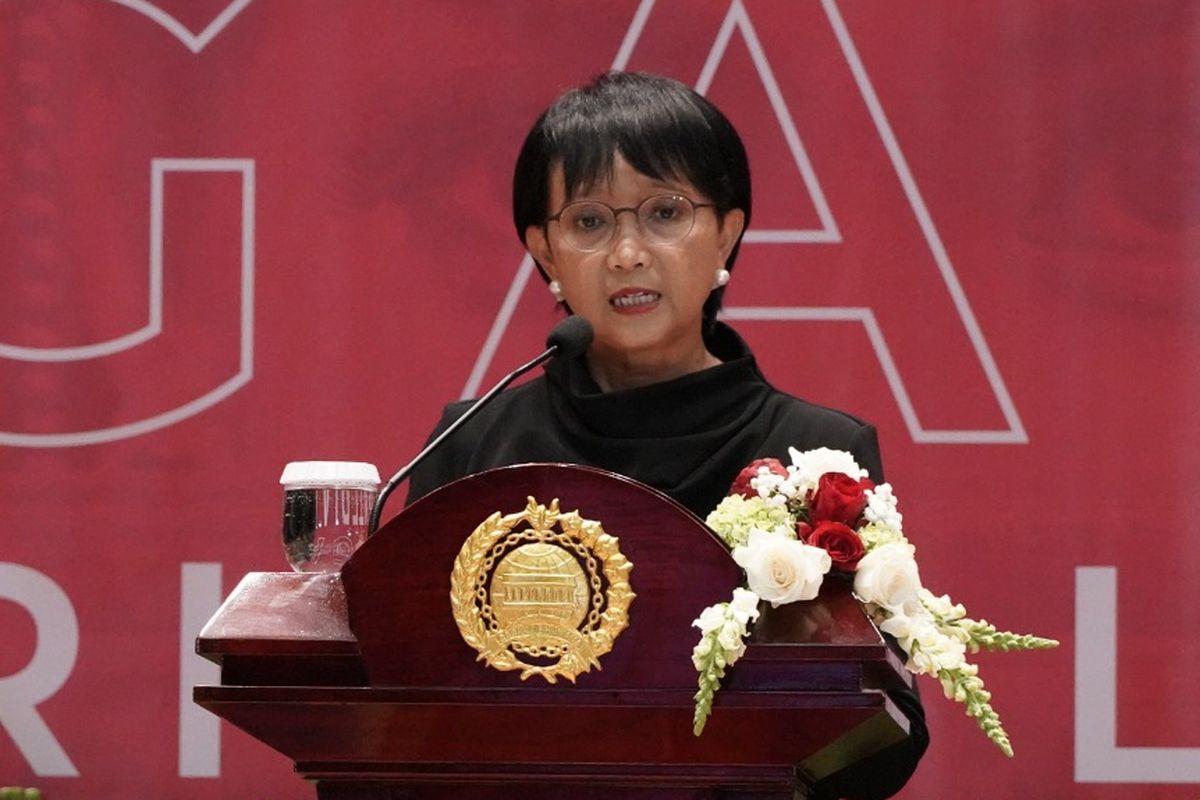 Indonesian Foreign Minister Retno Marsudi delivering a speech at an event. 