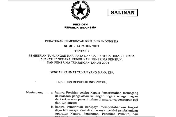 Tangkapan layar PP Nomor 14 Tahun 2024 yang mengatur soal pencairan dan besaran THR dan gaji ke-13 bagi PNS, TNI/Polri, dan pejabat negara.