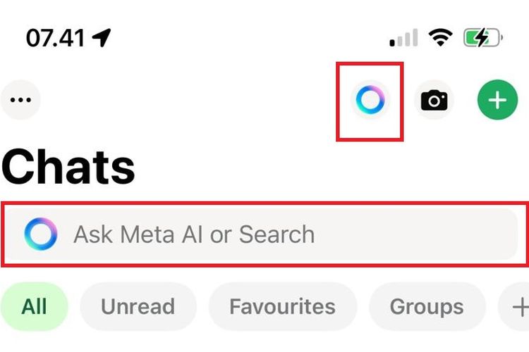 Menu Meta AI di WhatsApp yang bisa diakses lewat tombol baru dan kolom pencarian.
